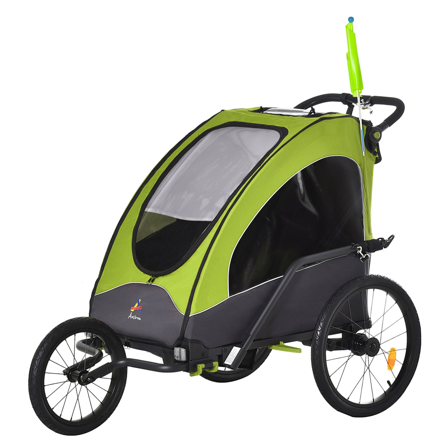 Web Based Bike Trailer for Kids 3 In1 Foldable Child Jogger Stroller Baby Stroller Transport Carrier with Shock Absorber System Rubber Tires Adjustable Handlebar Kid Bicycle Trailer Green and Gray