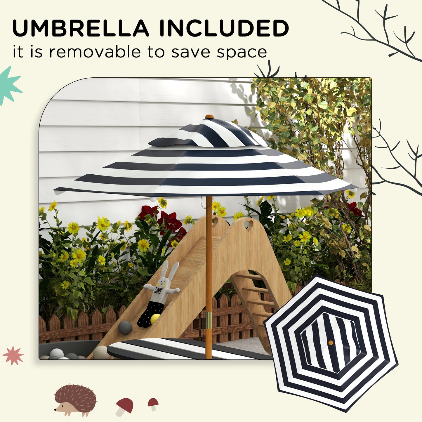Web Based Kids Table and Chair Set Wooden Kids Outdoor Table Set with Removable Umbrella for 4 Kids Ages 3-8 Years Old