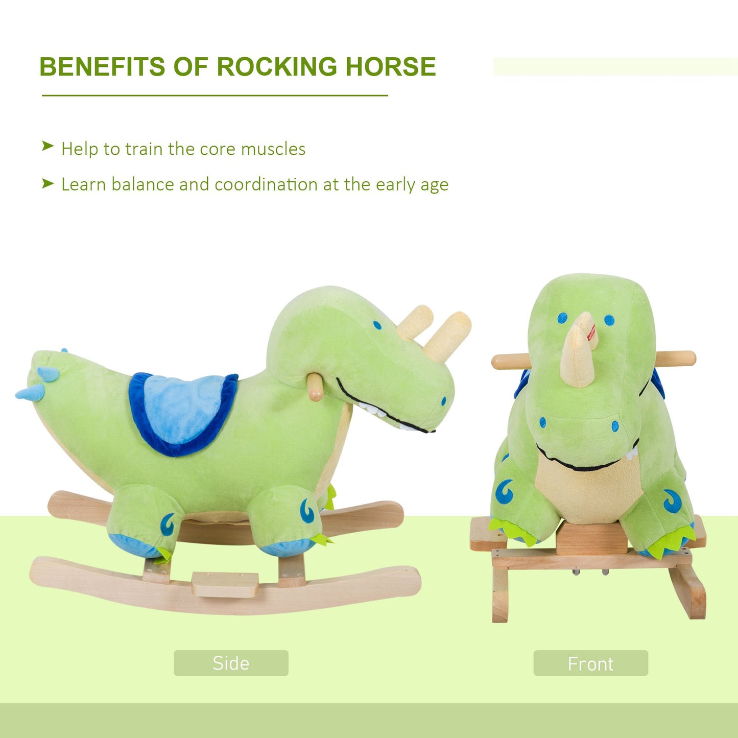 Web Based Kids Plush Ride-On Rocking Horse Toy Dinosaur Ride on Rocker Green with Realistic Sounds