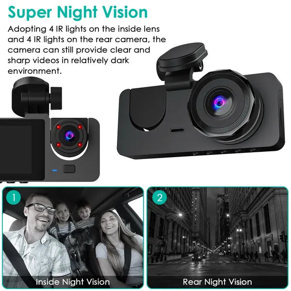 Web Based 3 Channel Dash Cam Front Inside Rear Vehicle Driving Recorder Car DVR With 32G MMC Card G Sensor Motion Detection Parking Monitor Night Vision Loop Recording