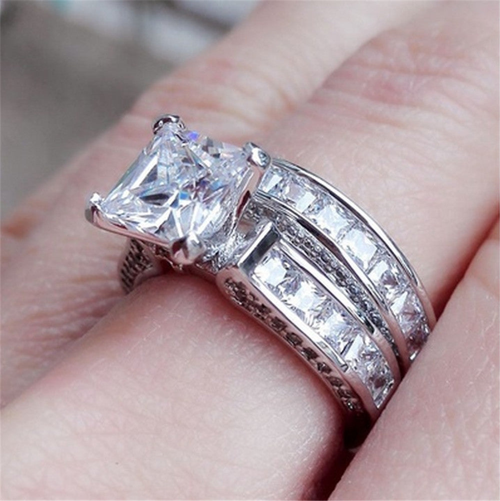 Web Based  Charm Couple Rings His Her Silver Color Princess Cut CZ Anniversary Promise Wedding Engagement Ring Sets