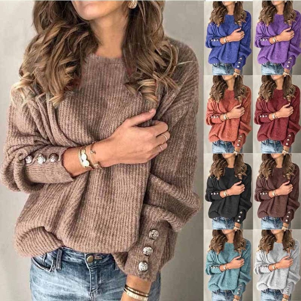 Web Based Long Sleeve Round Neck Button Knit T-shirt