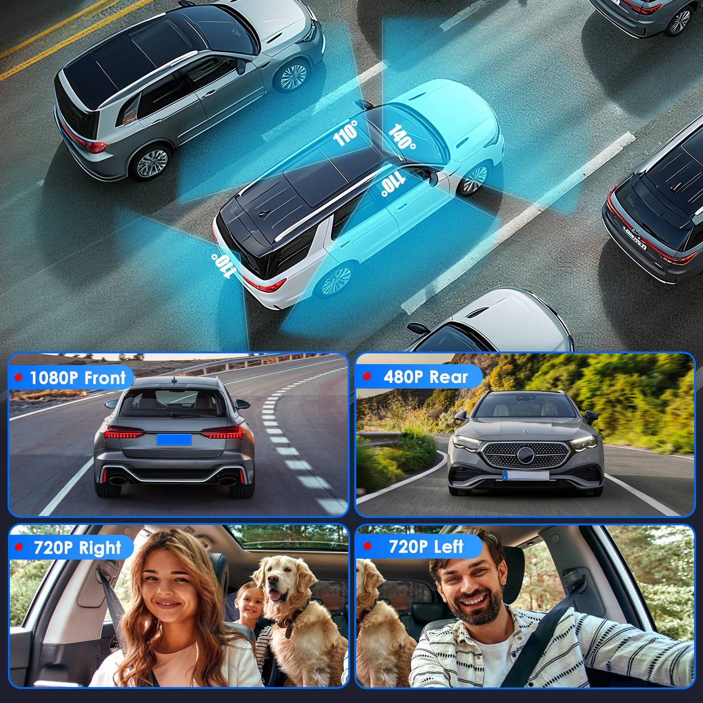 Web Based 4 Channel Car Dash Cam With 128G MMC Card 1080P Front 720P Left Right 480P Rear G-Sensor Parking Monitor Loop Recording Night Vision 360 Degree Surveillance Car Camera