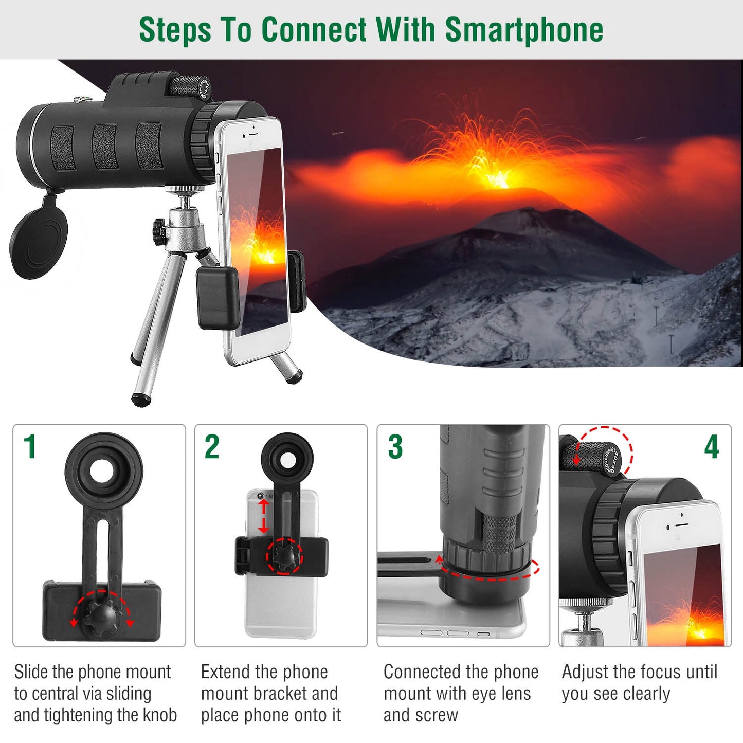 Web Based 1Pc 40 Plus 40 HD Optical Monocular Telescope With FMC Lens Low Light Vision Scope Phone Holder Tripod Compass For Bird Watching Hunting Camping Hiking Sport Event