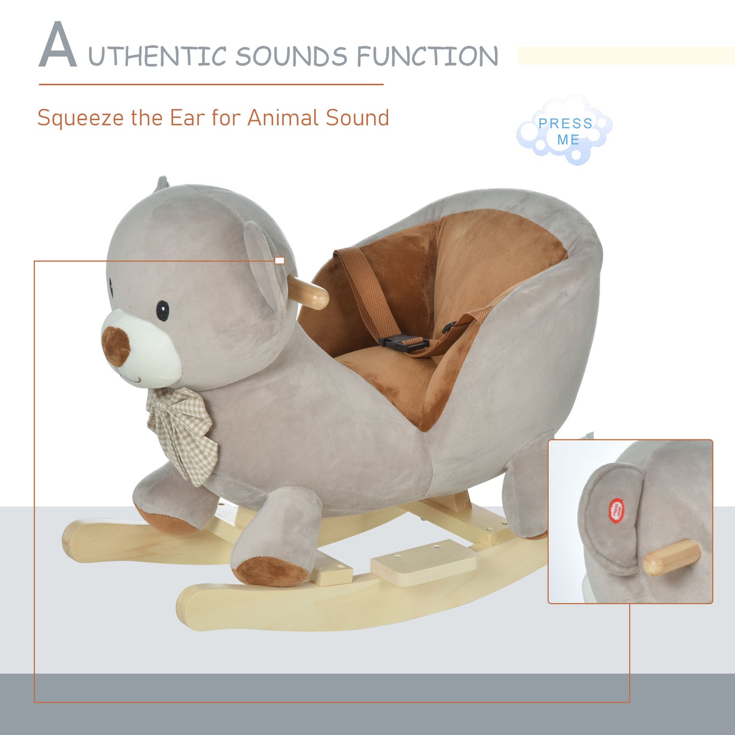 Web Based Bear-Shaped Kids Rocking Horse with Sound for 18-36 Months, Gray