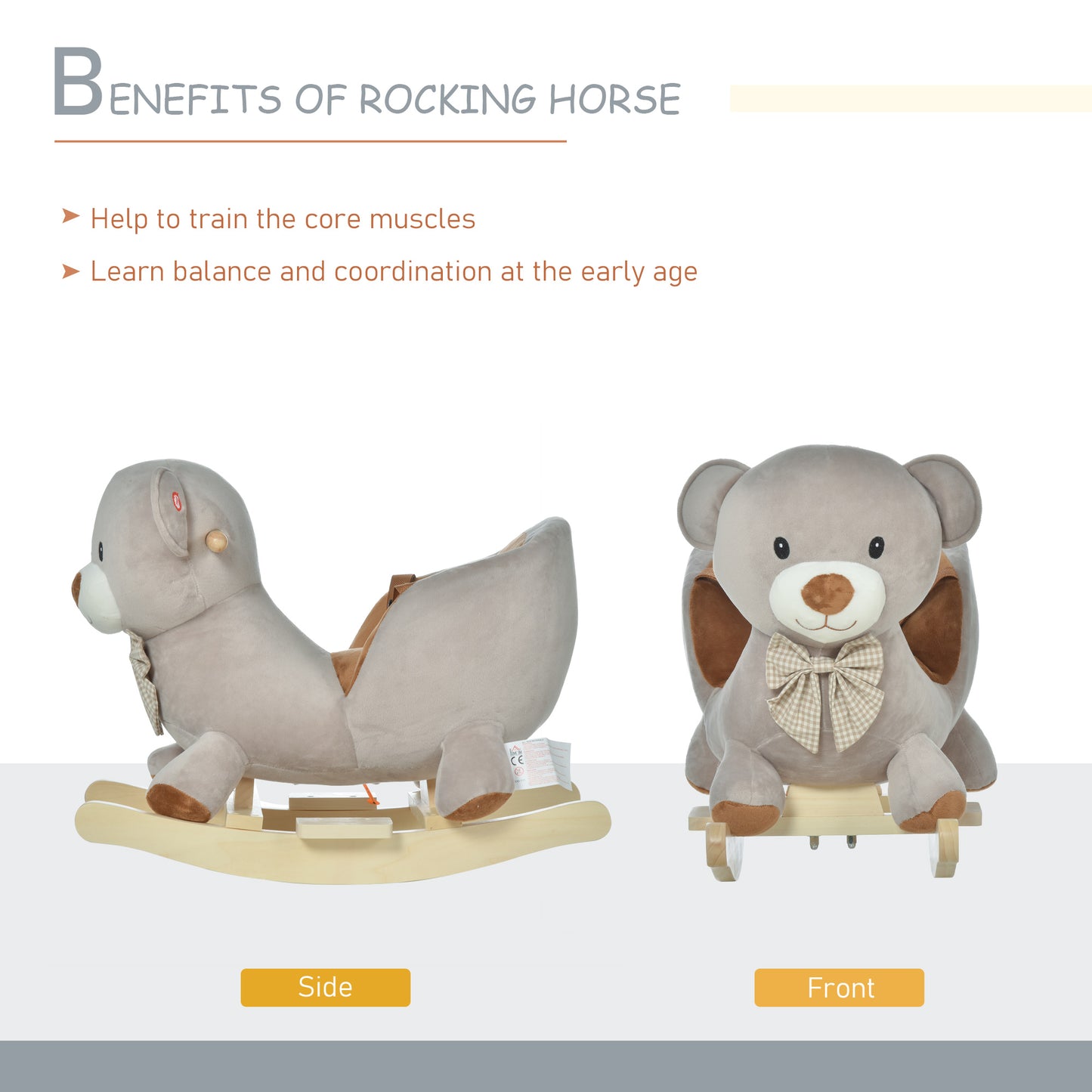 Web Based Bear-Shaped Kids Rocking Horse with Sound for 18-36 Months, Gray