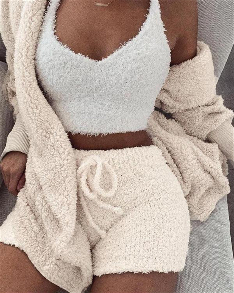 Web Based 3pcs Womens Clothing Long Sleeve Crop Tank Top And Drawstring Shorts Pajama Set