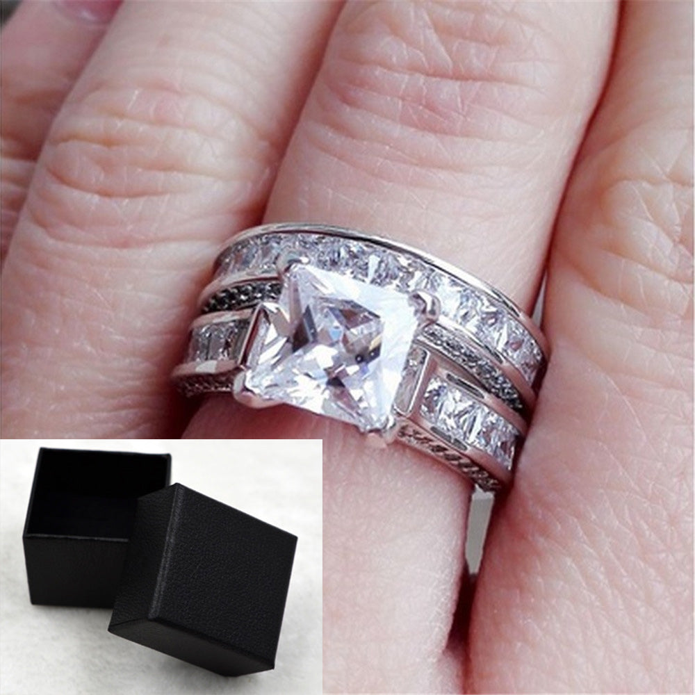 Web Based  Charm Couple Rings His Her Silver Color Princess Cut CZ Anniversary Promise Wedding Engagement Ring Sets