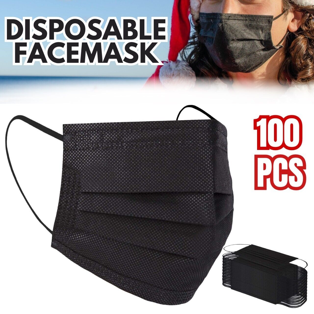Web Based 100 PCS Face Mask Non Medical Surgical Disposable 3Ply Earloop Mouth Cover Black