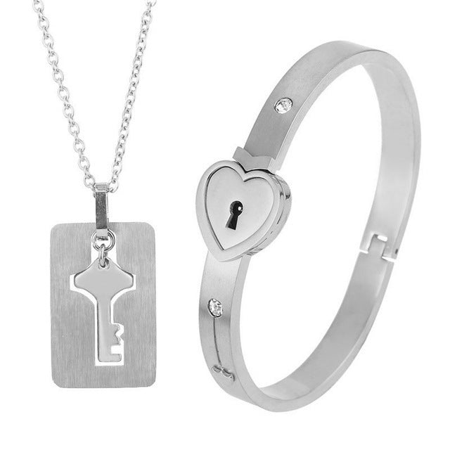 Web Based Fashion Jewelry Titanium Steel Couple Love Lock, Bracelet, Key Set, Necklace