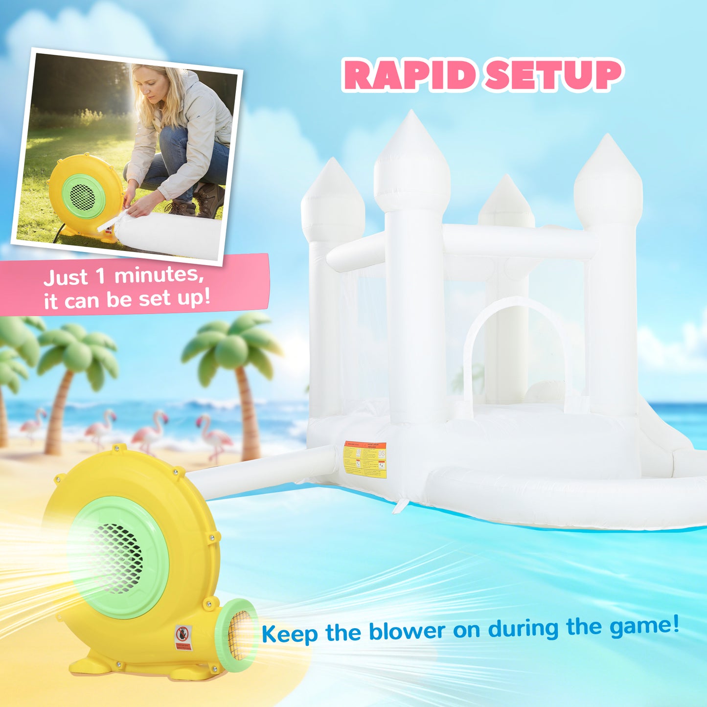 Web Based Inflatable Bounce House, 3-in-1 White Castle Bouncy House with Slide, Ball Pit and 370W Blower for Kids Ages 3-8, White