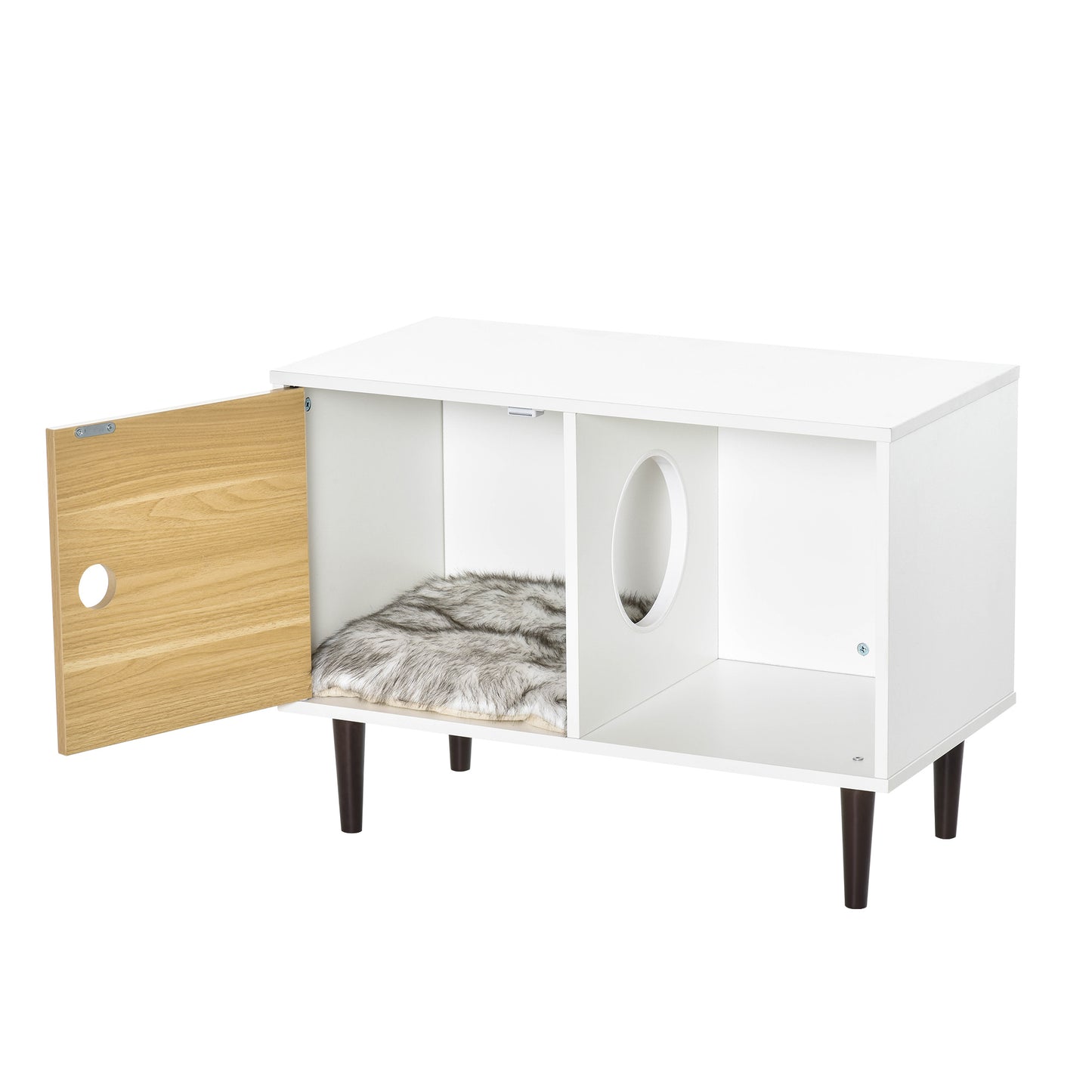 Web Based Wooden Cat House with Soft Cushion, Decorative Kitten Condo Side Table, Elevated Pet House with Storage Space