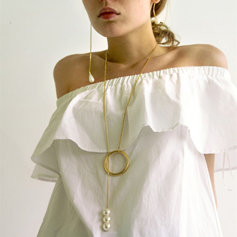 Web Based Fashion simple Korean pearl long sweater chain