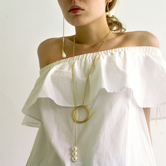 Web Based Fashion simple Korean pearl long sweater chain