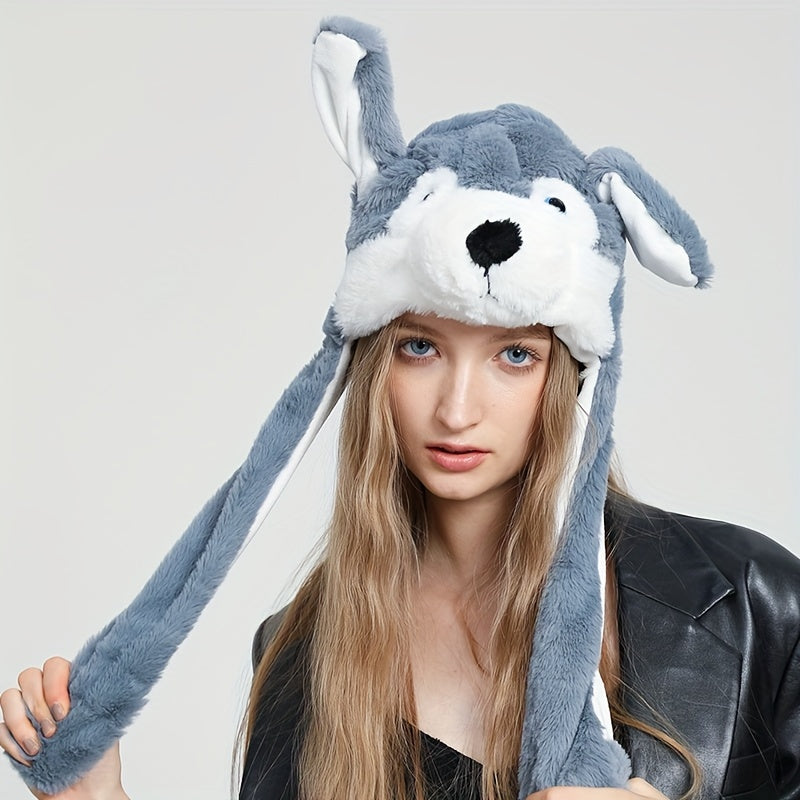 Web Based Cute Animal Moving Ear Hat Cute Panda Dog Frog Puppy Plush Hats Halloween Cosplay Party Earflap Hat For Women