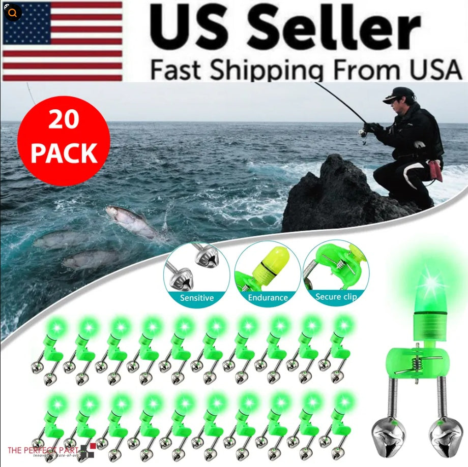Web Based LED Night Fishing Bite Bait Alarm 2 Bells Light Rod Tip Clip Alert Ring