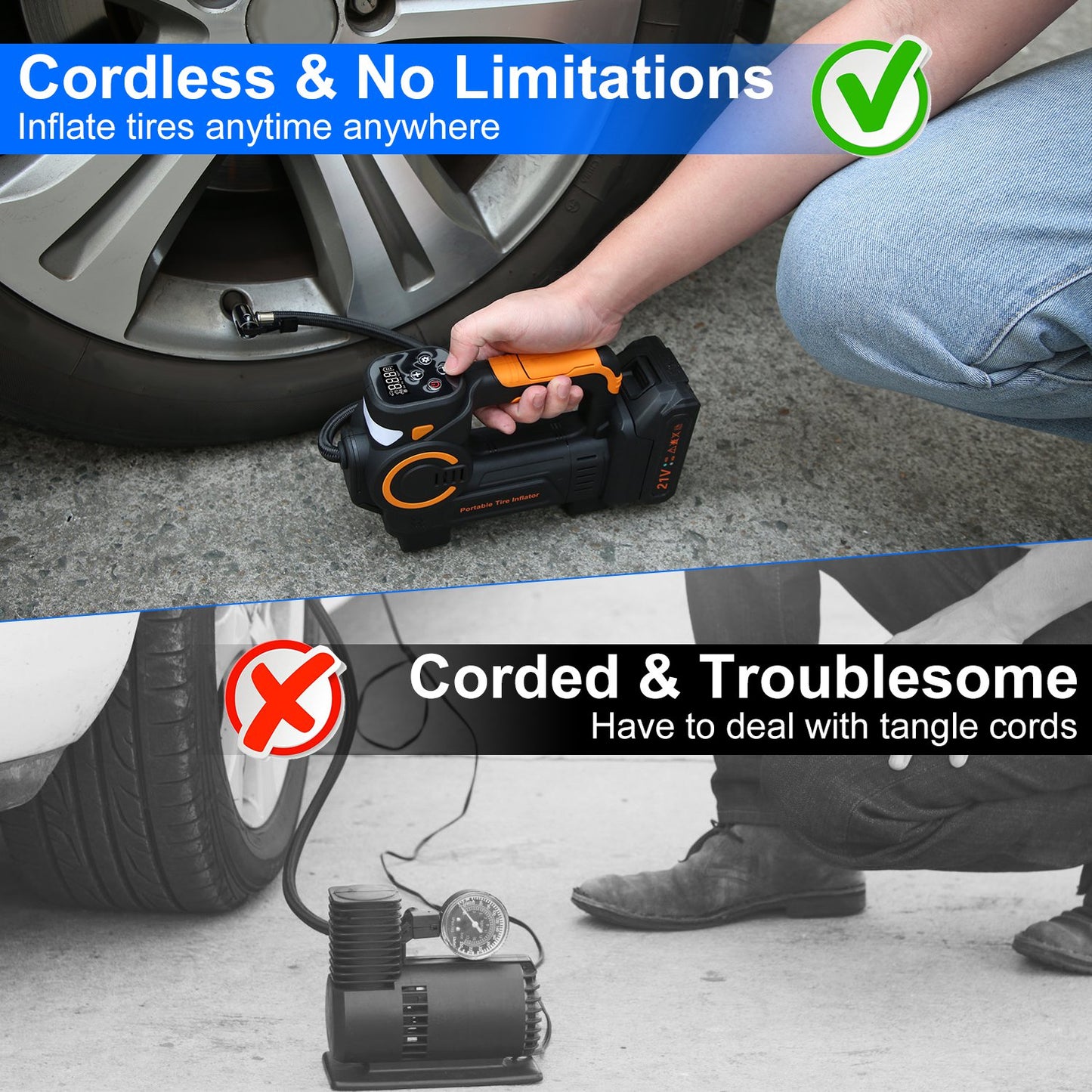 Web Based 1Pc 140W 150PSI 21V Battery Powered Tire Inflator Cordless Air Inflator Digital Air Compressor With LED Light For Cars Motorcycles Bicycles Balls