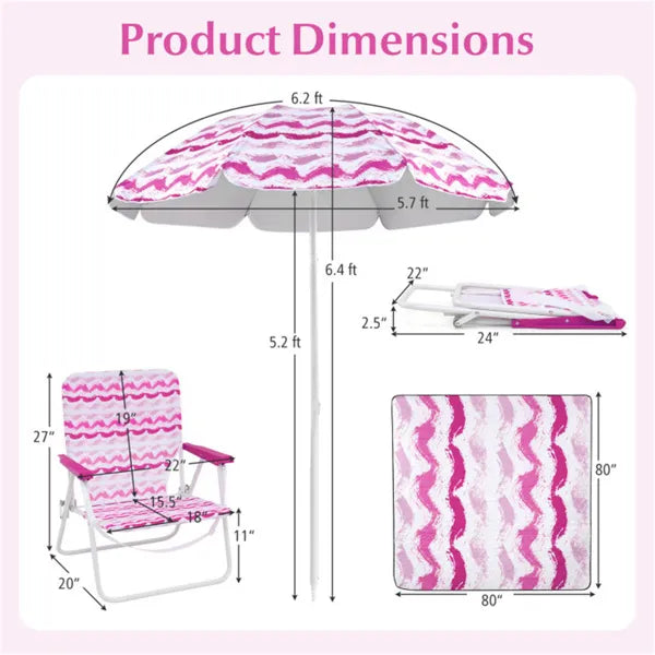 Web Based 4-Piece Beach Set With 6.2ft Sun-Proof Umbrella, 2 Folding Chairs & 80 X 80 Waterproof Blanket-Pink