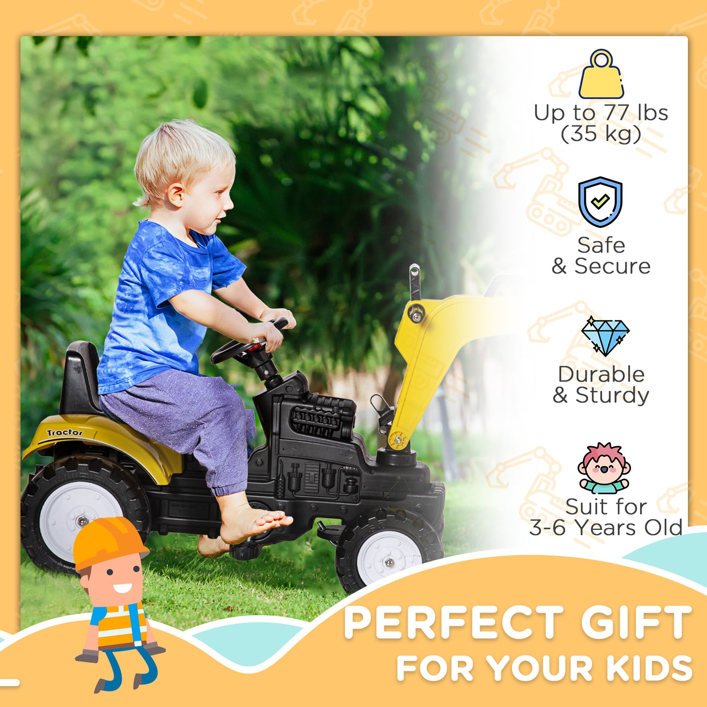 Web Based Kids Ride On Excavator, Pedal Digger, Construction Truck with Horn for Kids and Toddlers 3+, Yellow