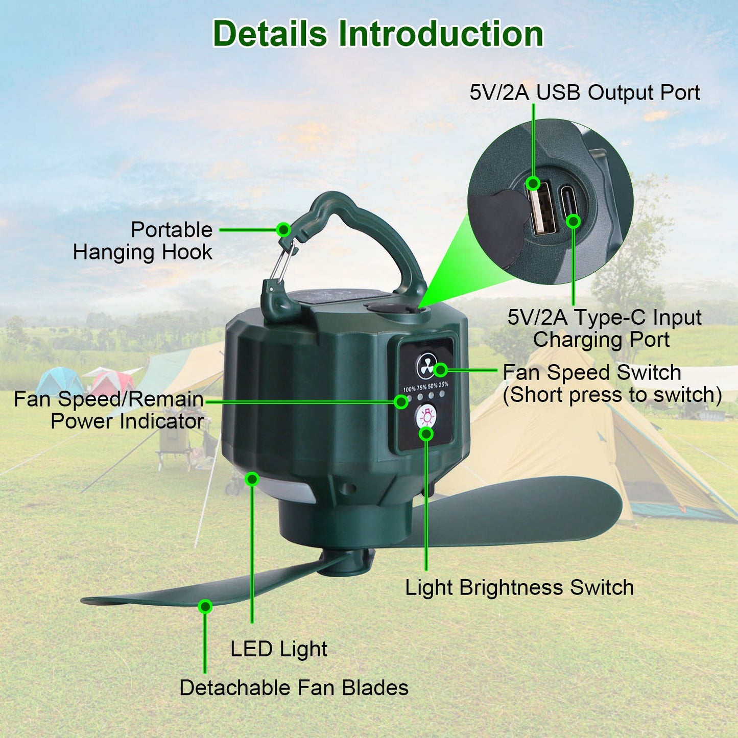 Web Based Portable Camping Ceiling LED Fan  USB Battery Powered Hanging Tent Lantern Fan Power Bank With 3 Fan Speed 3 Light Brightness Smart Timer Remote Control