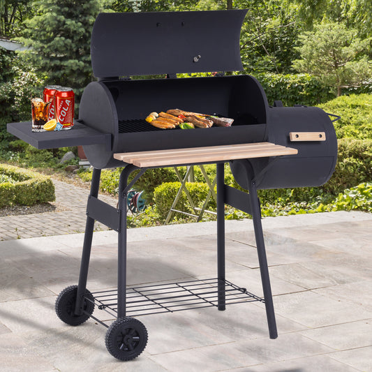 Web Based Charcoal BBQ, Portable Grill with Wheels, All-in-One Grill, Side vent, Two Shelves and Metal Grating, Lit-Mounted Thermometer, Wooden Handle, for Outdoor Cooking, Black