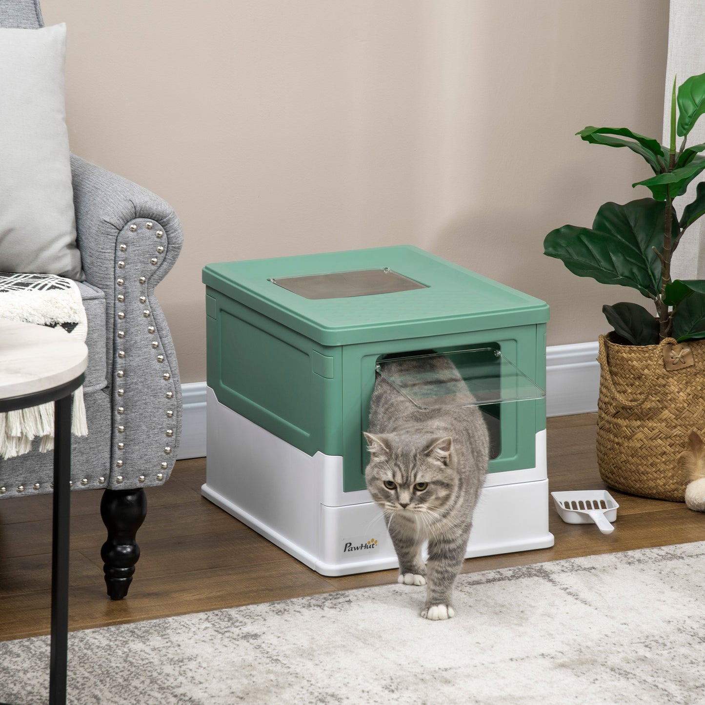 Web Based Fully Enclosed Cat Litter Box with Front Entry and Top Exit, Plastic, Green & White