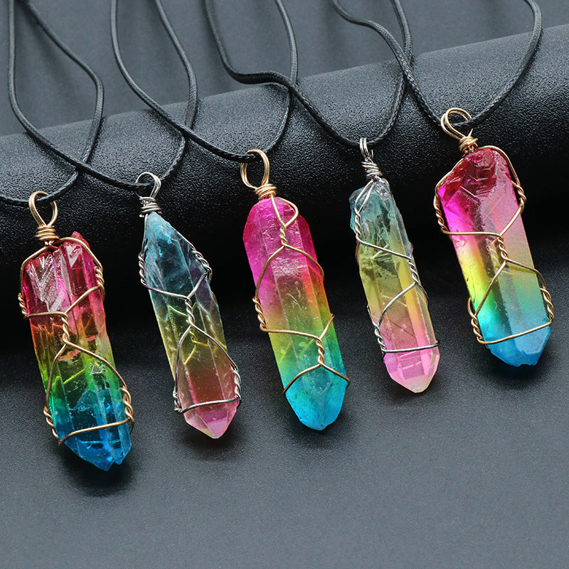 Web Based  Stone Crystal Pillar Tree Of Life Pendant Ins Fashion Necklace