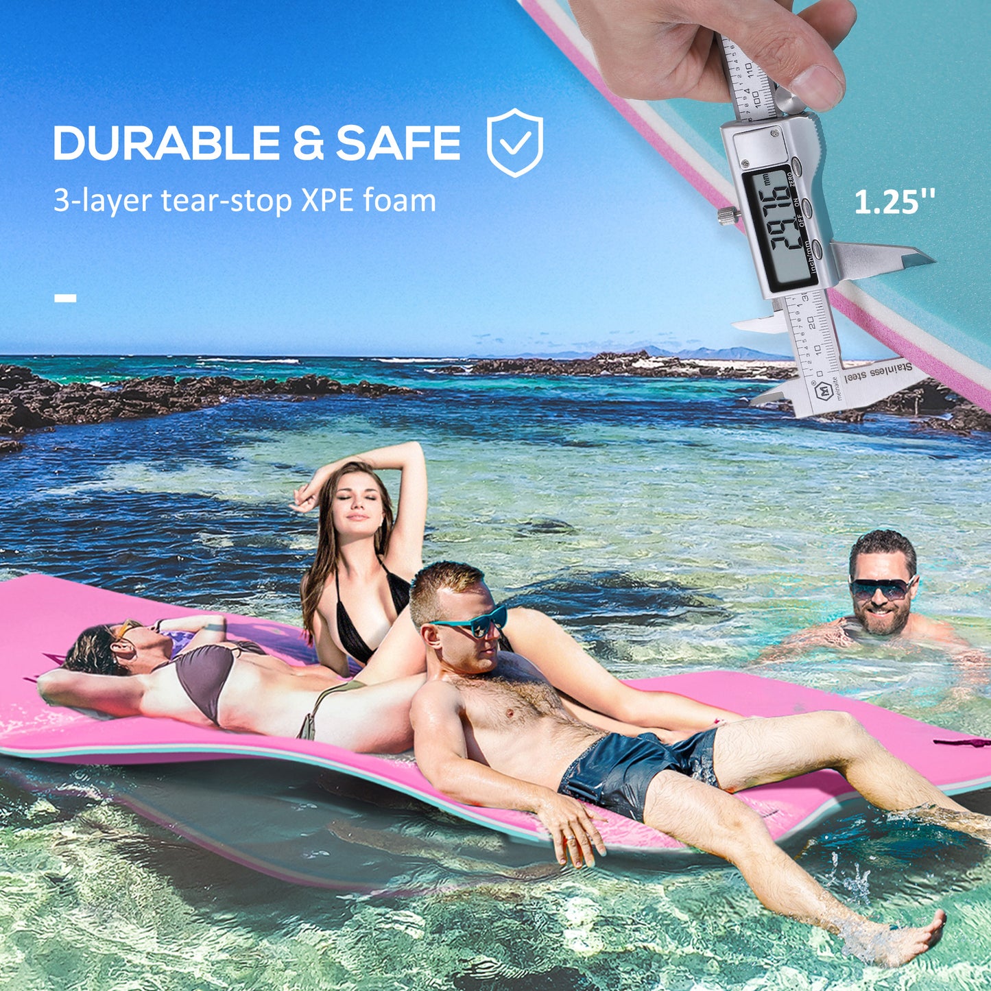 Web Based 12' x 5' Lily Pad Floating Mat with Cup Holder Table, 3-Layer Portable Roll-Up Water Mat Float Dock for 2-3 People, on Lake, River, Beach, Swimming Pool, Pink