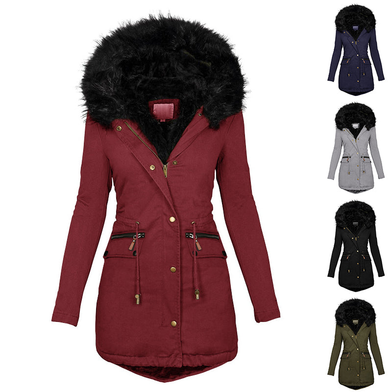 Web Based Women's Plush Hooded Parkas Winter Warm Thick  Zip-up Jackets Casual Mid-length Solid Buckle Pockets Coat Outerwear Clothing