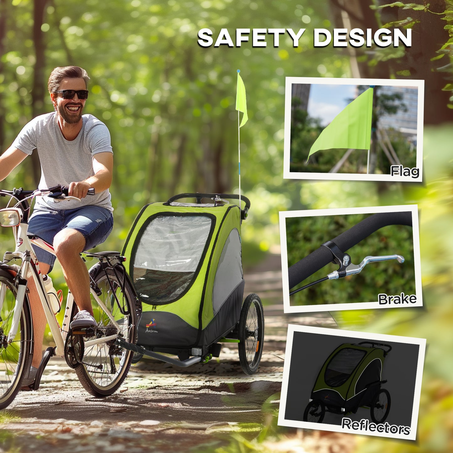 Web Based Bike Trailer for Kids 3 In1 Foldable Child Jogger Stroller Baby Stroller Transport Carrier with Shock Absorber System Rubber Tires Adjustable Handlebar Kid Bicycle Trailer Green and Gray