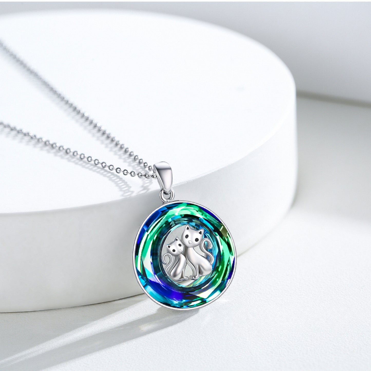 Web Based Crystal Circle Cat Pendant Necklace Sterling Silver