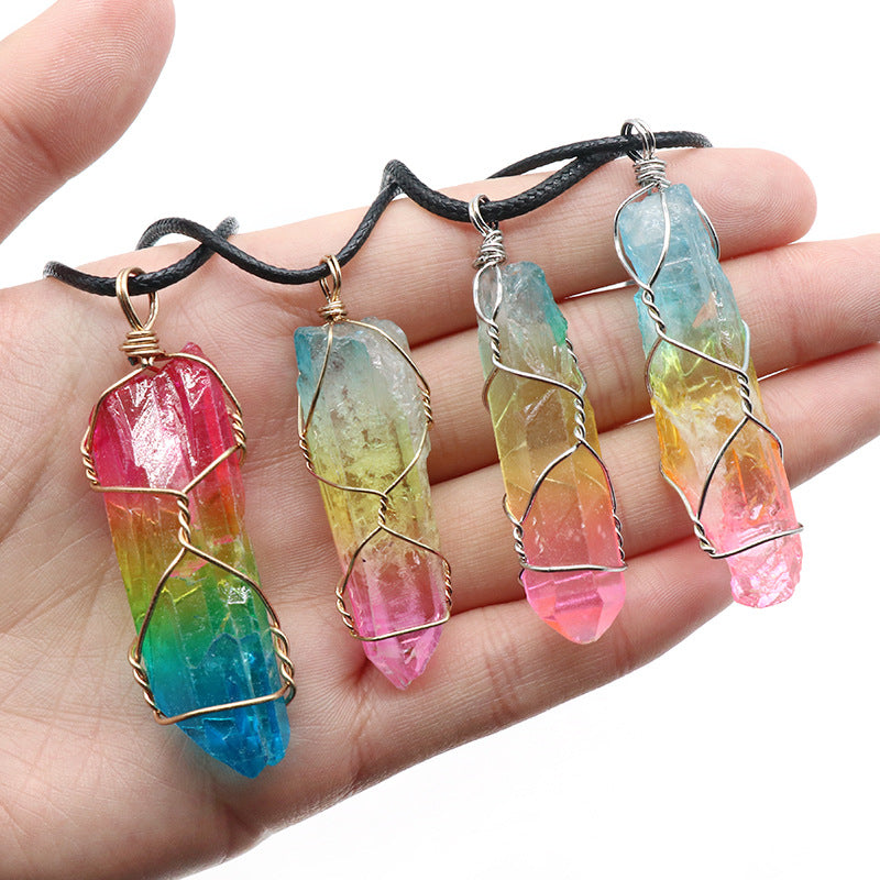 Web Based  Stone Crystal Pillar Tree Of Life Pendant Ins Fashion Necklace