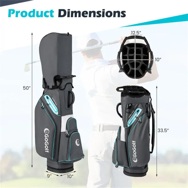 Web Based 14-Way Golf Cart Bag - 6 Zippered Pockets+Cooler Pocket, Waterproof Zippers, Gray+Blue