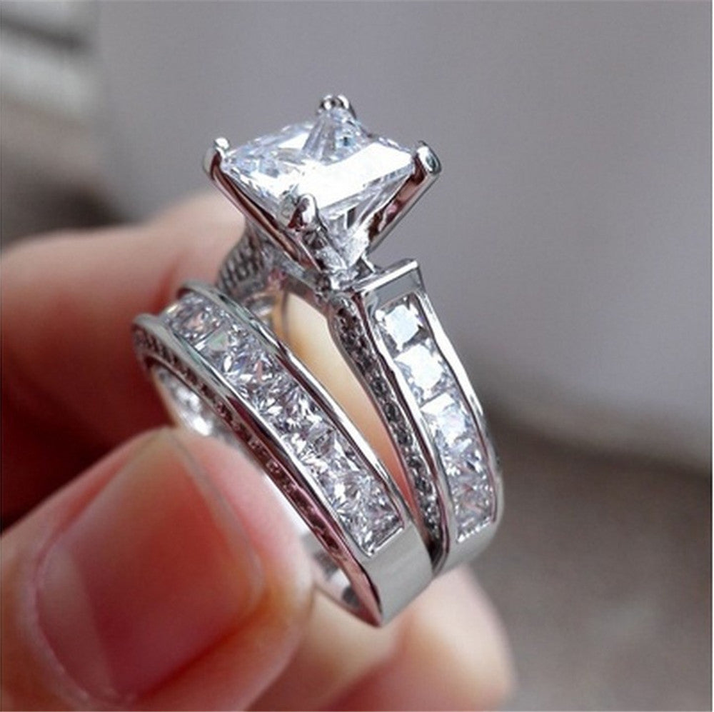 Web Based  Charm Couple Rings His Her Silver Color Princess Cut CZ Anniversary Promise Wedding Engagement Ring Sets