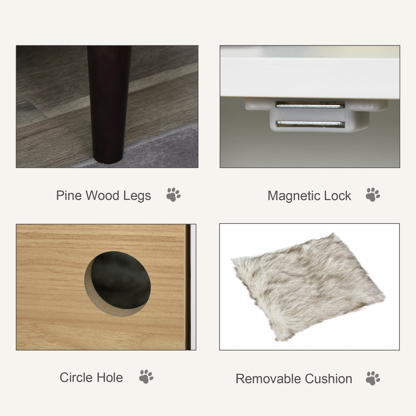 Web Based Wooden Cat House with Soft Cushion, Decorative Kitten Condo Side Table, Elevated Pet House with Storage Space
