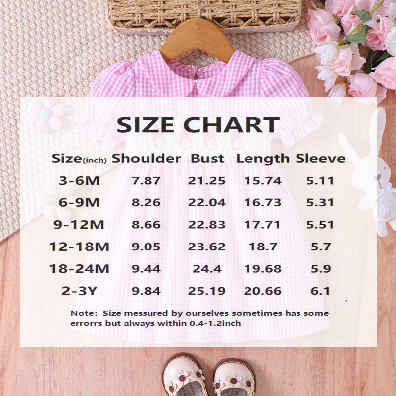Web Based Toddler Girl's Lapel Bubble Sleeve Dress, Checkered Pattern & Bunny Embroidery A-Line Summer Dress