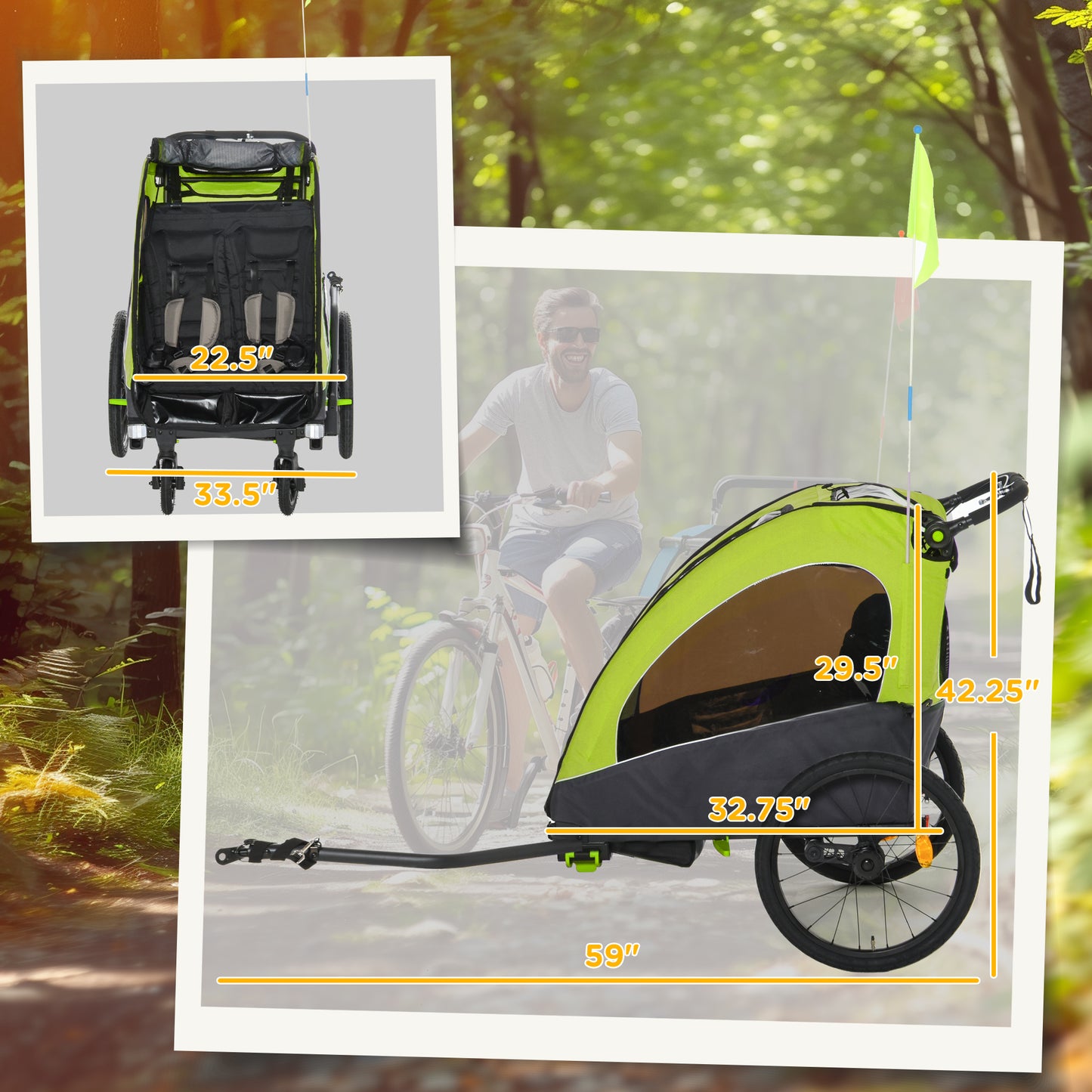 Web Based Bike Trailer for Kids 3 In1 Foldable Child Jogger Stroller Baby Stroller Transport Carrier with Shock Absorber System Rubber Tires Adjustable Handlebar Kid Bicycle Trailer Green and Gray