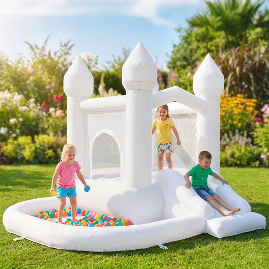 Web Based Inflatable Bounce House, 3-in-1 White Castle Bouncy House with Slide, Ball Pit and 370W Blower for Kids Ages 3-8, White
