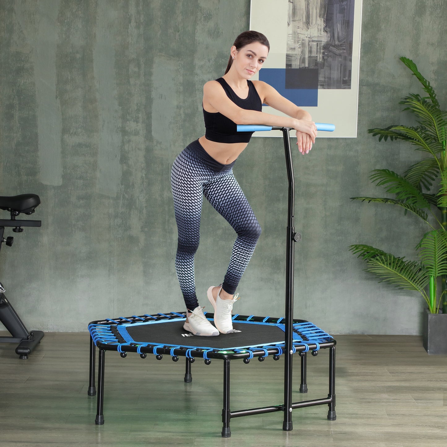 Web Based Rebounder Trampoline For Adults, Quiet Bungee Rebounder With LED Lights And Adjustable Handle, Blue
