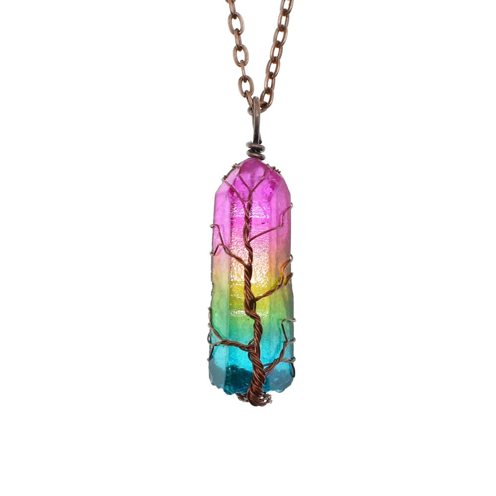 Web Based  Stone Crystal Pillar Tree Of Life Pendant Ins Fashion Necklace