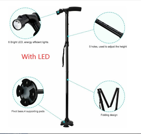 Eeb Based Folding LCD Walking Stick Cane With Flashlight For Senior Aluminium Travel Hiking Cane Trekking Pole Crutch Handle Strap 5 Gears