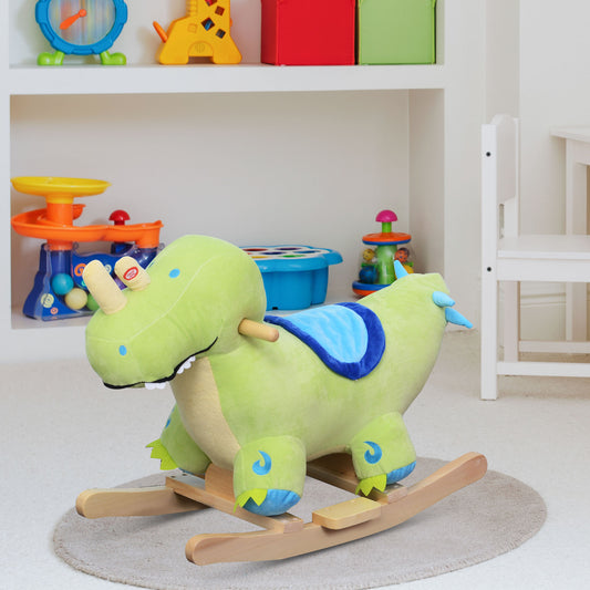 Web Based Kids Plush Ride-On Rocking Horse Toy Dinosaur Ride on Rocker Green with Realistic Sounds