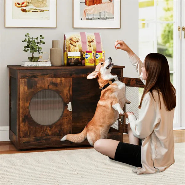 Web Based 2-in-1 Dog Crate End Table - Rustic Brown, 88lbs Capacity, Farmhouse Style, 32.5"x18.5"x23.5"