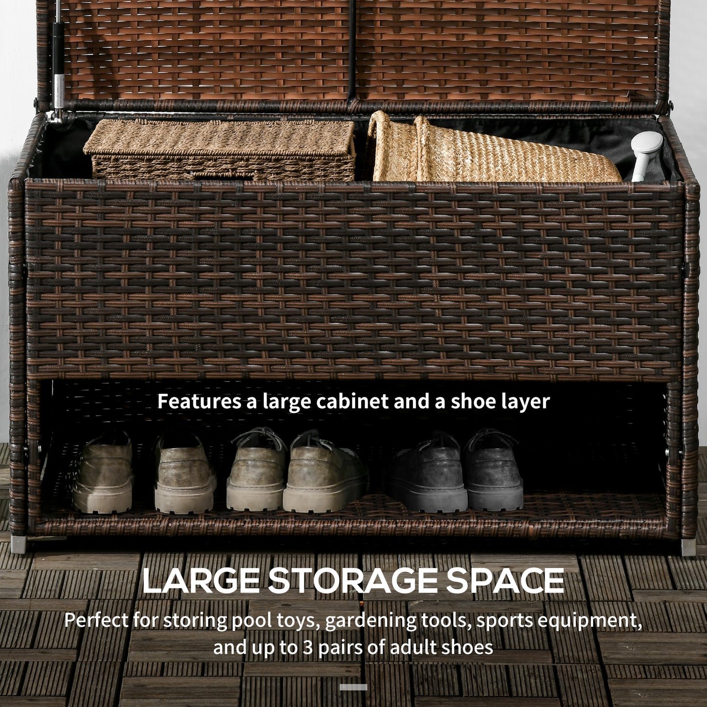 Web Based Outdoor Deck Box & Shoe Storage, PE Rattan Wicker Towel Rack with Liner for Indoor, Outdoor, Patio Furniture Cushions, Pool, Garden Tools, Brown