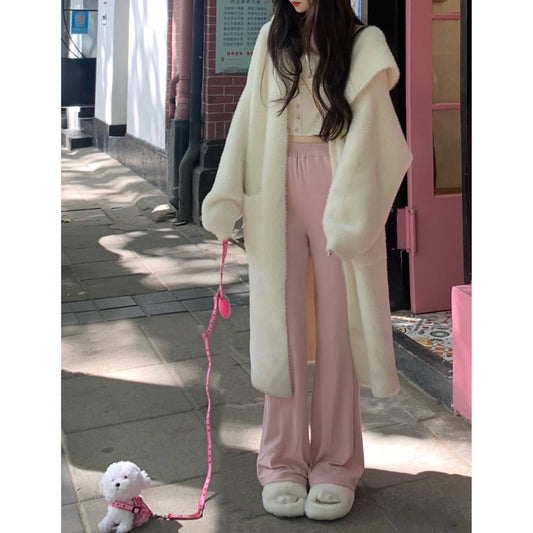 Web Based Hooded Fur Cardigan Coat Women's Spring Clothes, Thick Gentle Long Knitted Coat Handmade Clothing Hand Knit Outfit Of The Day