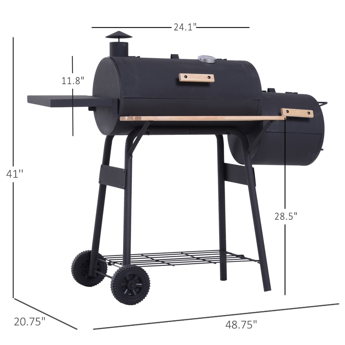 Web Based Charcoal BBQ, Portable Grill with Wheels, All-in-One Grill, Side vent, Two Shelves and Metal Grating, Lit-Mounted Thermometer, Wooden Handle, for Outdoor Cooking, Black