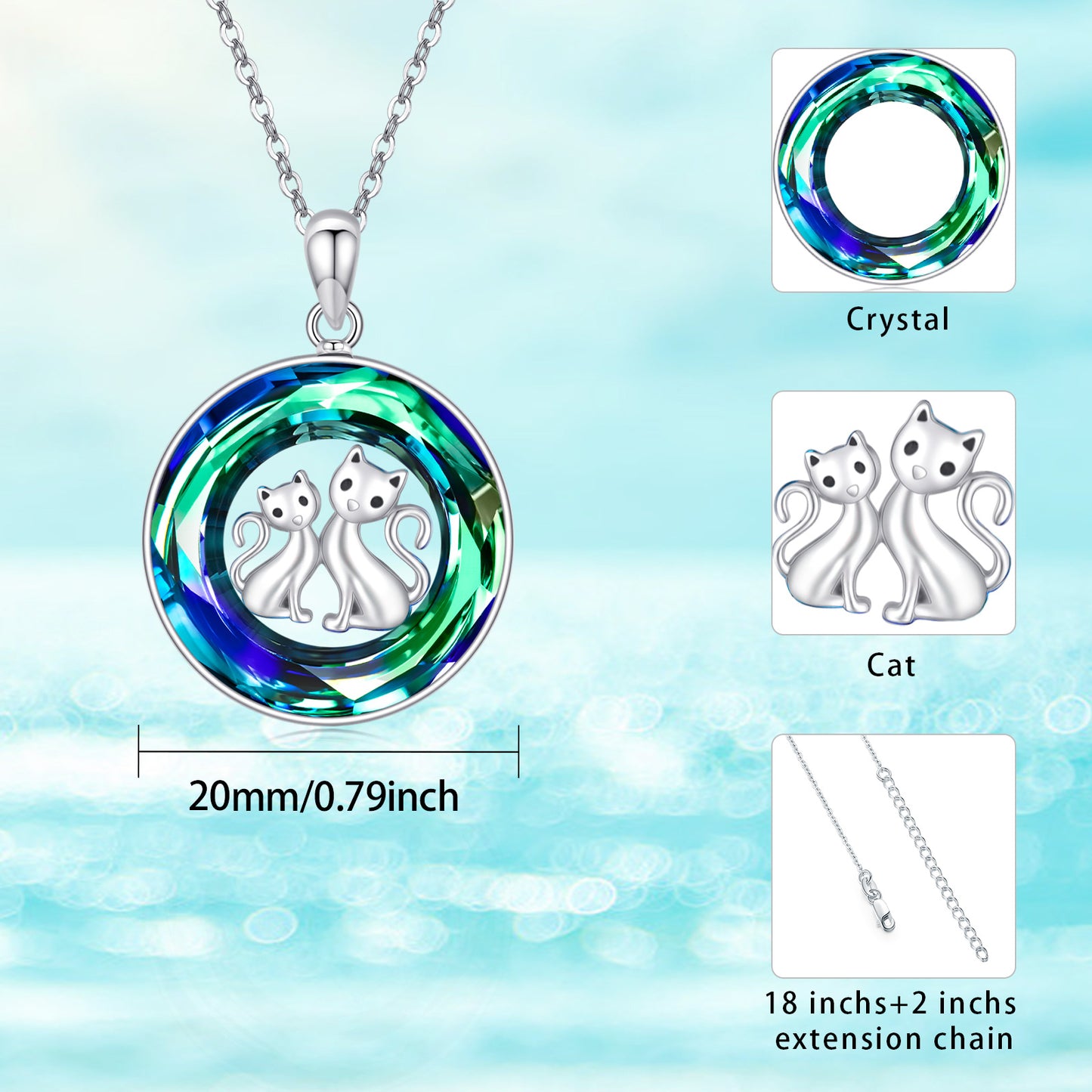 Web Based Crystal Circle Cat Pendant Necklace Sterling Silver