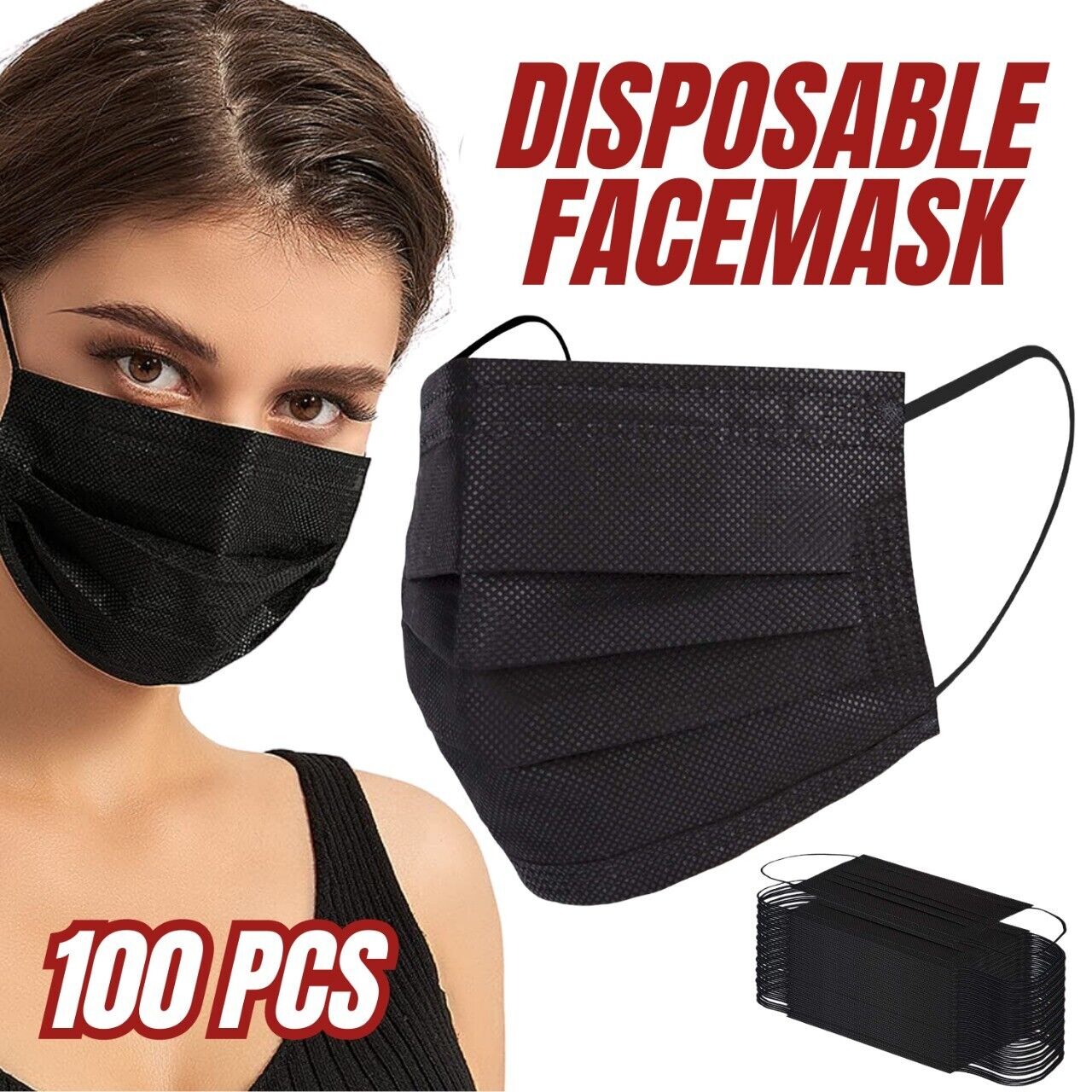 Web Based 100 PCS Face Mask Non Medical Surgical Disposable 3Ply Earloop Mouth Cover Black