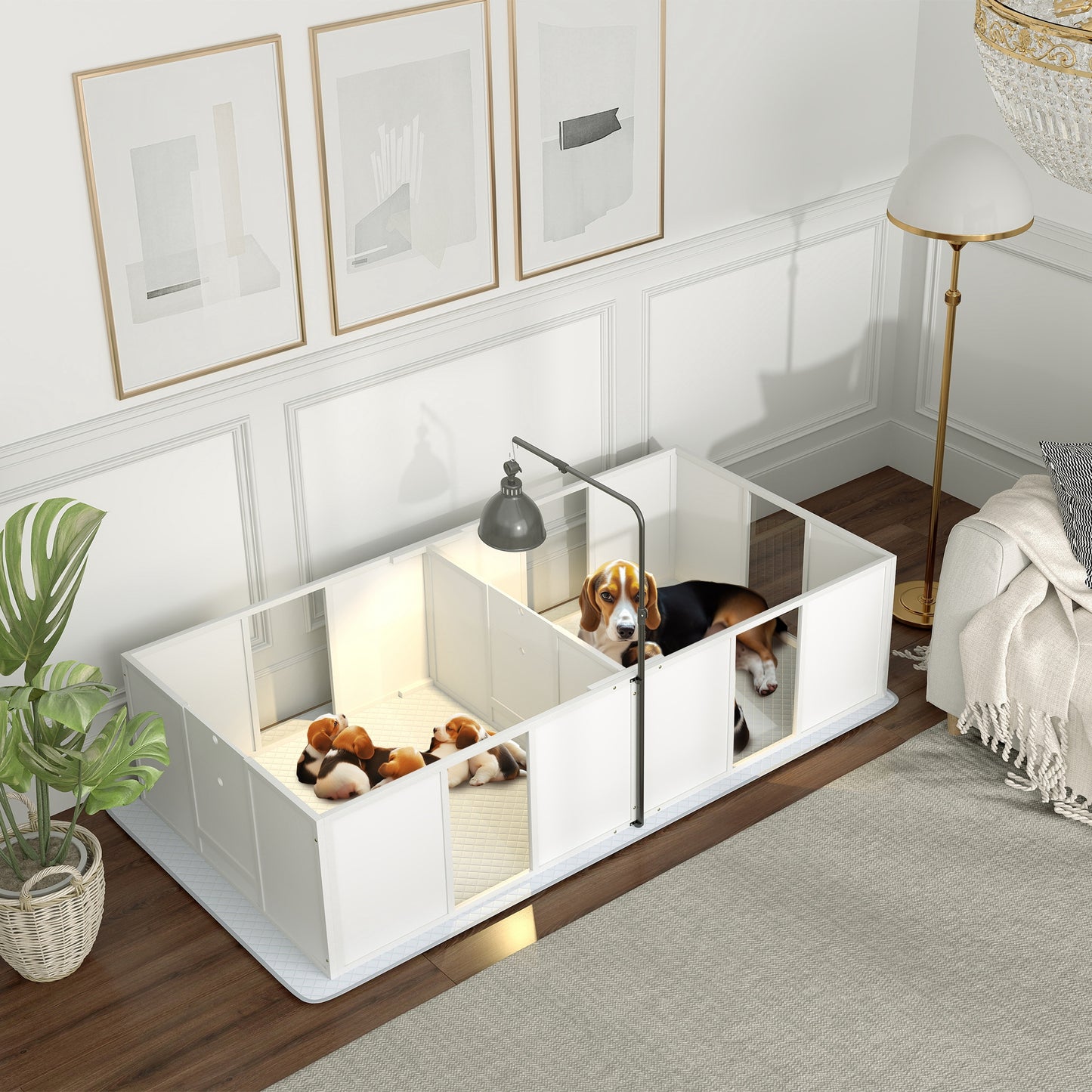 Web Based Whelping Box for Dogs w/ Retractable Light Stand, Waterproof Pee Pad & Adjustable Height Door for Medium Breed Dogs