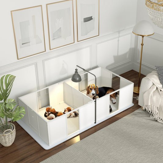 Web Based Whelping Box for Dogs w/ Retractable Light Stand, Waterproof Pee Pad & Adjustable Height Door for Medium Breed Dogs